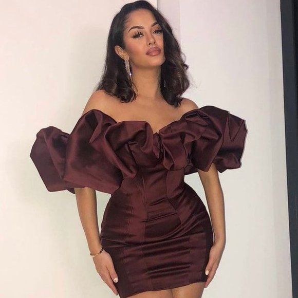 HOUSE OF CB 'Selena' Raisin Satin Puff Shoulder Dress - Picture 7 of 13